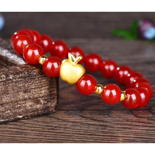 New Pure 999 24K Yellow Gold Bracelet 3D Lucky Apple & 3mm Fine Beads Red Agate Beads Chain