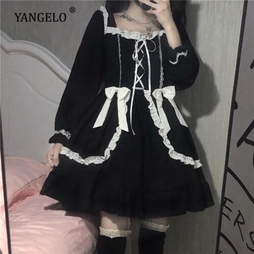 Dress New Autumn Winter INS Harajuku Girls Black Ribbon Bow Dress Womens Hollween Party Clothes Lolita Dresses Ruffled Collar