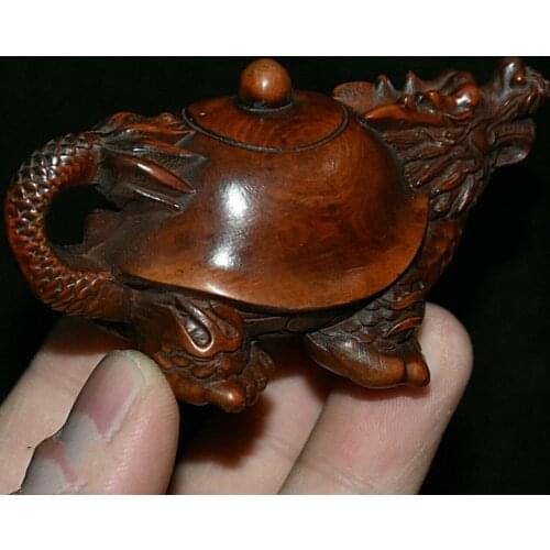 Collect Chinese Boxwood Wood Hand Carving Dragon Turtle Teapot Shape Statue Set Home Accessories Figurines Collection Ornaments