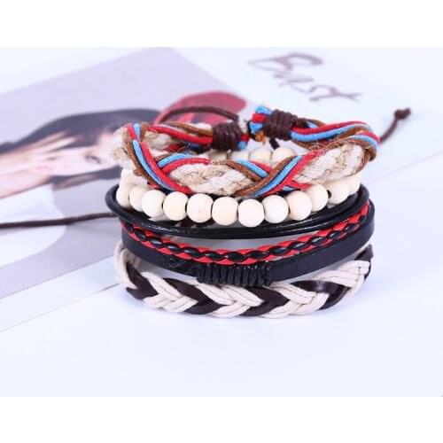 4pcs/set hippie punk black red leather blue brown cord X knots beige wood beads wrap wide Bracelet Bangle for man