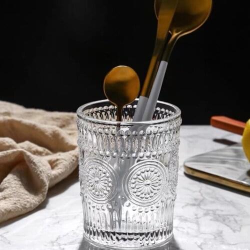 Tasse Double Paroi Goblet Embossed Retro Glass Cup European Style Home INS Wind Sun Flower Water Milke Tea Juice Goblet