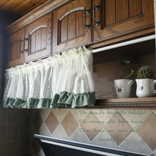 DUNXDECO Tulle Curtains Vintage Stripe Flora Green Border Thin Cortinas Kitchen Half Rideau Home Decoration