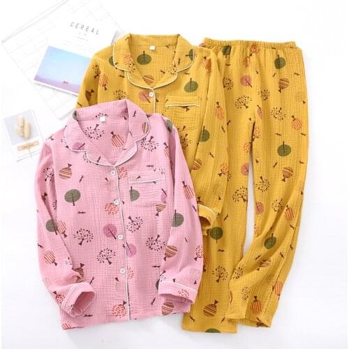 Japanese spring and autumn ladies cotton long-sleeved trousers pajamas plus size home service pajama set women kawaii pajama