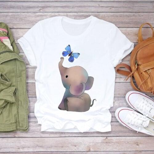 Women 2021 Cartoon Elephant Printing Cute Fashion Print Lady T-shirts Top Womens T Shirt Ladies Stylish Summer Tee T-Shirt