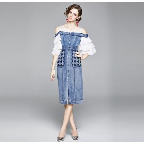 Women off shoulder dress for women denim and chiffon patchwork Ruffles Bodycon Midi Dresses Female robe ete femme