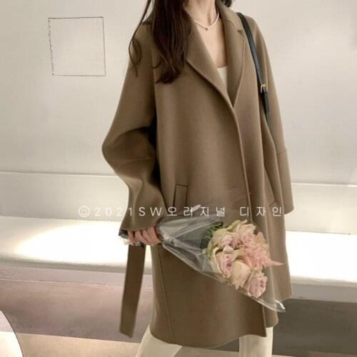 2021 Autumn Korean Handmade Long Loose Free Size Lacing Belt Double Sided 90% Wool Coat Women Casual Woolen Overcoat