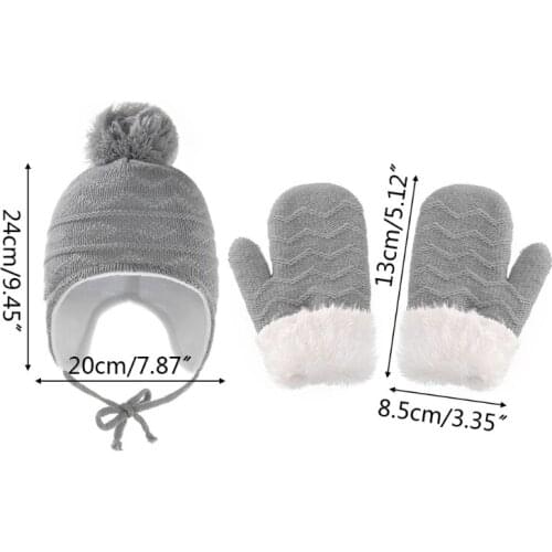 Winter Warm Baby Solid Color Earflap Hat Gloves Set Fur Ball Beanies Mitten Kit for Toddler Knitted Hat K1KC
