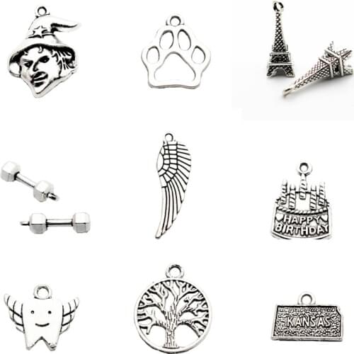 12pcs/lot Silver Alloy dog paw wing Eiffel Tower Dangle Charms Lobster Clasp Hanging Charm fit Bracelet&Pendant Necklace