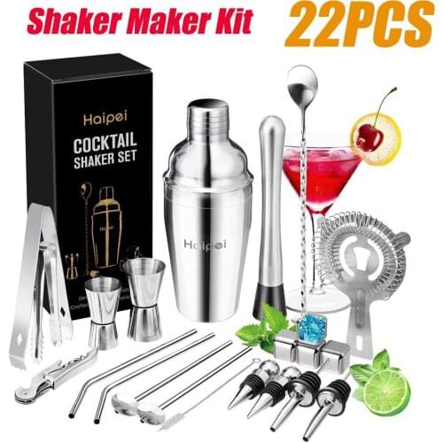22PCS Mojito Cocktail Bar Shaker Mixer Maker Muddler Barware Stainless Steel Bar Sets Bartender Tools with Whiskey Stones