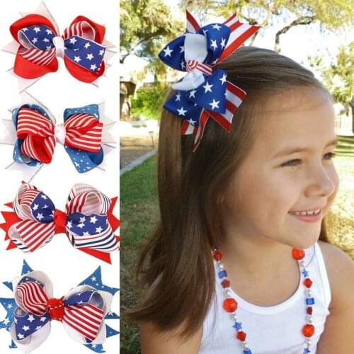 4 Inches American Flag Star Print Bowknot Hair Clip Red White Blue Stripe Ribbing Hairpin Newborn Baby Girl Headwear Accessories