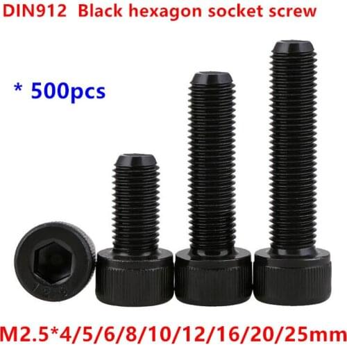 500pcs DIN912 Thread M2.5 Black grade 12.9 Alloy Steel Hexagon Socket Hex Head Cap Screw Screws Cylinder Allen Bolts