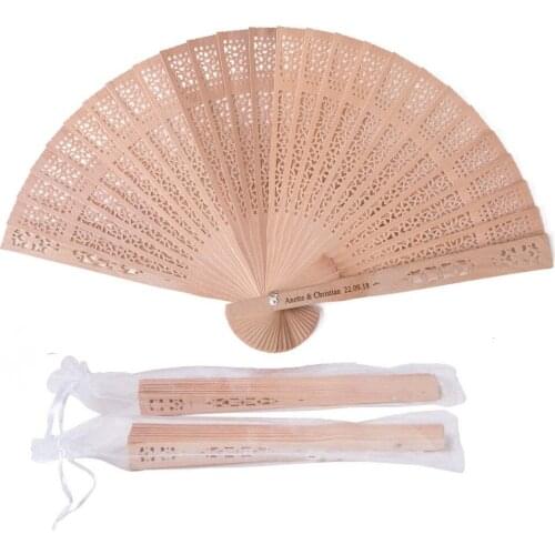 Personalized 60-90pcs Chinese Wooden Hand Fan Wedding Custom Gifts Sandalwood Hand Fan Wedding Decor Hand Folding Fans with Bags