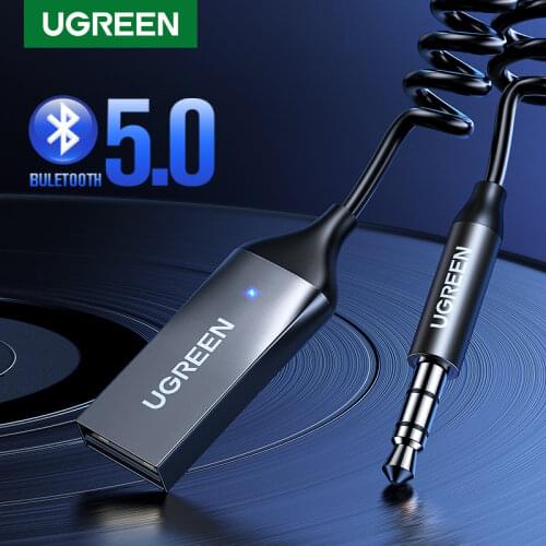 UGREEN Bluetooth 5.0 Handsfree Adapter Wireless Bluetooth Receiver 3.5mm AUX Music Navigation Streaming Microphone for Calls Car