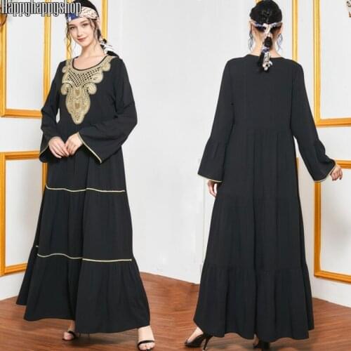 Black Casual Dress Ethnic Embroidery Morocco Robe Islamic Muslim Long Sleeve Kaftan Abaya Maxi Party Dresses Dubai Jilbab Robe