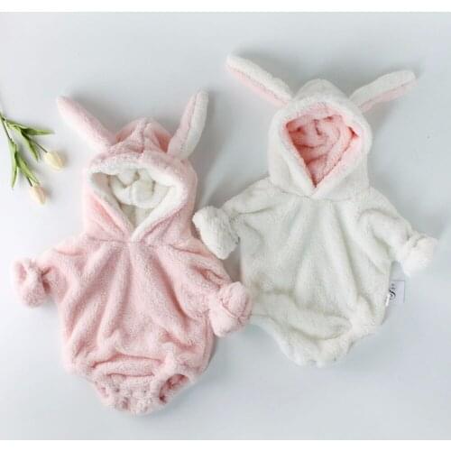 Baby Girl Bodysuits Cute Rabbit Ear Long Sleeve Hooded Infant Jumpsuit Corduroy Warm Autumn Winter Bodysuit Newborn Baby Clothes