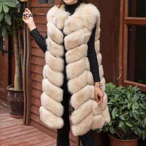 FURSARCAR Women 90cm Long Real Fox Fur Vest Fashion Luxury Female Fox Fur Gilet Autumn Winter Natural Fur Thick Warm Coat Veste