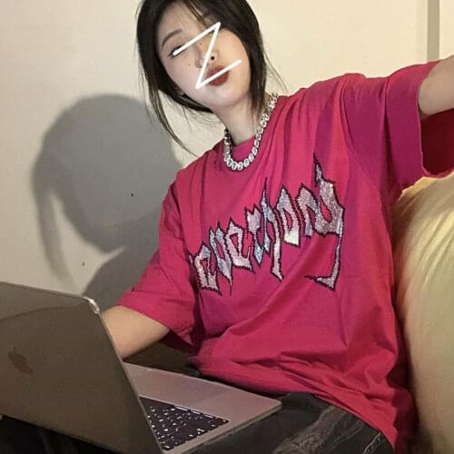 Oversized t-shirt y2k tops Womens Anime T-shirt Flash chip Rose red Women Harajuku Kawaii letter anime print tee femme t shirt