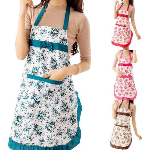 Hot Women Floral Bowknot Waterproof Kitchen Restaurant Cooking Pocket Dress Apron