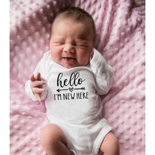 Hello I'm New Here Letter Printing Newborn Infant Baby Boy Girls Romper Long Sleeve Jumpsuit Onesie Winter Soft Body Baby Wear