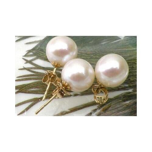 J003221 9mm perfect round white akoya pearl earring pendant SET 14k