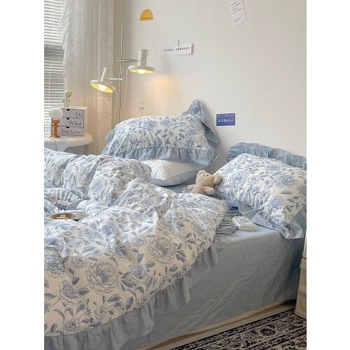 Korean pastoralism Bedding Sets Twill 100% Cotton Blue Fresh Floral Quilt Cover Lace INS Style Sheet Pillowcase Queen Twin 4PCS