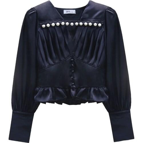 Big Pearl Beaded Blouse for Women Long Sleeve V Neck Short Satin Shirt Business Lady All-Match Slim Fit Blusas White Black Top