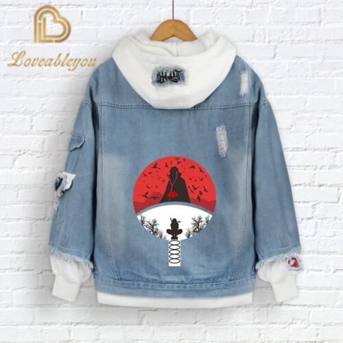 Anime Naruto Red Cloud Denim Ripped Jacket Mens and Womens Casual Loose Denim False Two Pieces Autumn Hooded Jackets