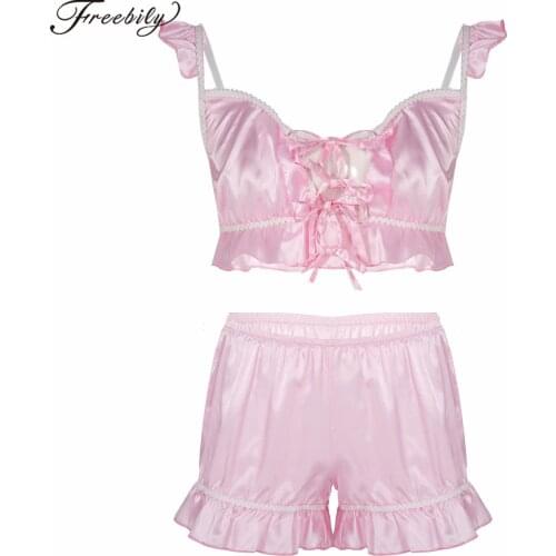 Fashion Satin Silk Pajama Suit Sweet Lingerie Set Sissy Nightwear Sleepwear Lace-Up Front Ruffled Bra Tops with Shorts Loungewea