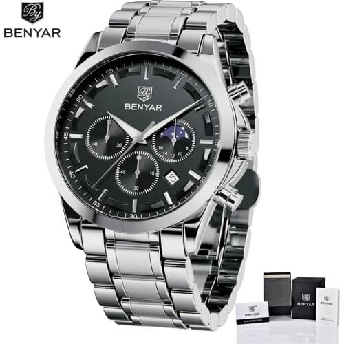 BENYAR New Fashion Mens Sport Quartz Wristwatch Stainless Steel Moon Phase Waterproof Chronograph Multifunctional Casual Watches