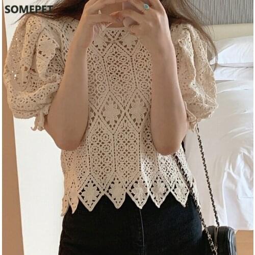 Summer New Puff sleeves Hollow out Women clothes Short sleeve Round neck Short shirt wild irregular Crochet Lace Tops