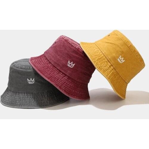 2021 Fashion Crown Embroidery Fisherman Hat Washed Denim Bucket Hats Unisex Bob Caps Hip Hop Gorros Men Women Panama Bucket Cap