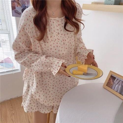 Korean Pajama Mujer Cherry Print Cotton Yarn Sleepwear Set Long Sleeve Top+Shorts Ruffle Homewear Skin-Friendly Breathable