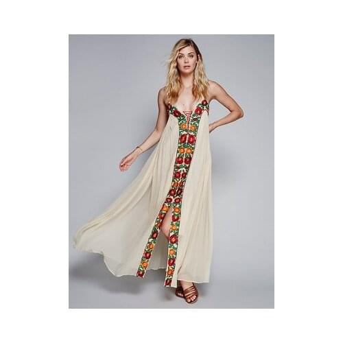 Flower Embroidey Halter Spaghetti Strap Dress