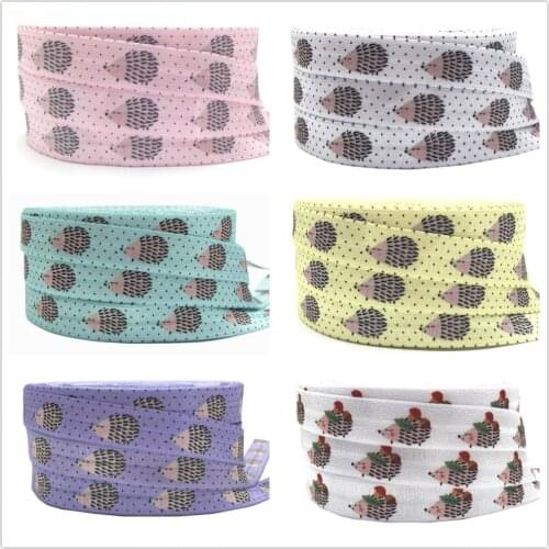 5 Yards 16mm Cute Hedgehog with Dots Printed fold over elastic bands DIY Crafts Hair tie bracelet Accessories Shoe Lace