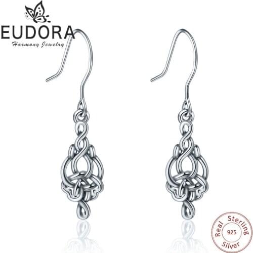 EUDORA Unique Pure 925 Sterling Silver fashion Knot Earrings Fashion Dangler Heart Earring for Women Fine Jewelry party Gift E45