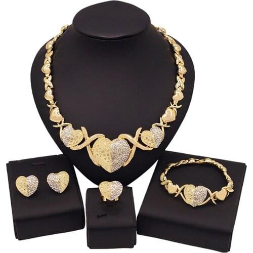 Yulaili Wedding Jewelry Sets Gold Color Heart Shape Crystal Rhinestones XOX Necklace Earrings Bracelet Ring Bridal Jewellery