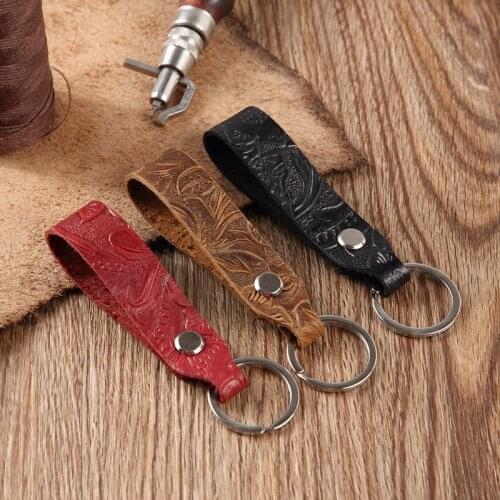 Vintage handmade leather cowhide rope keychain metal keychain carved pattern cowhide keychain key cover car key ring gift