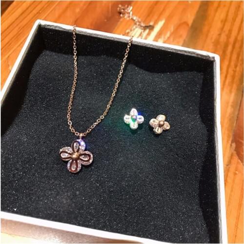 YUN RUO Mosaic Zircon Flower Stud Earring Necklace Gold Color Stainless Steel Fashion Jewelry woman Birthday Gift hypoallergenic