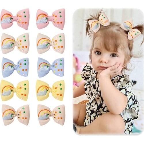 10pcs/set Rainbow Cotton Filled Hair Bows Clips Handmade Embroidery Bowknot Hairpin Colorful Grips Kids Headwear Accessories