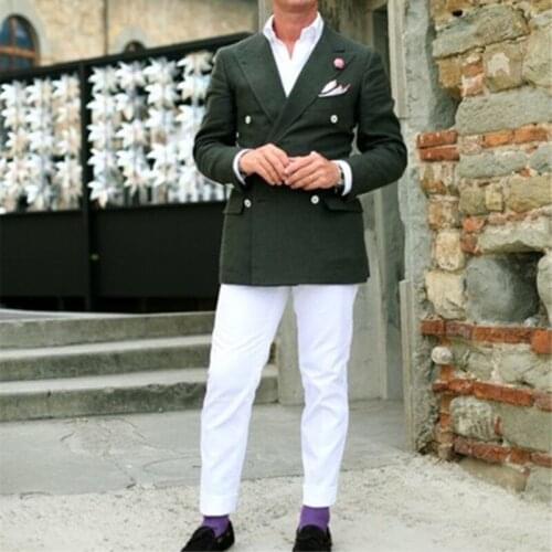 Green Double Breasted Mens Suits Latest Coat Pants Designs Jacket Beach Custom Groom Slim Fit Reached A Summit Lapel Suit 196