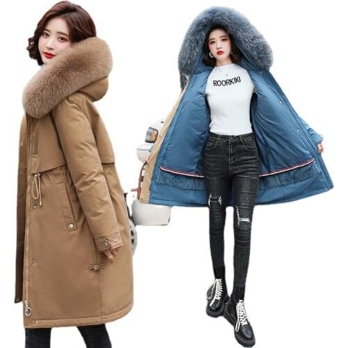 2021 New Winter Jacket Womens Parkas Thick Warm Fur Lining Long Parka Fur Collar Hooded Coat Feamle Jacket Outwear