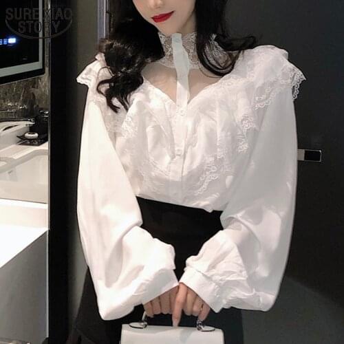 Ruffles White Lace Stitching Shirt Autumn New Fashion Lace Blouse Women Puff Sleeve Sweet Sexy Womens Tops Blusas De Mujer 11265