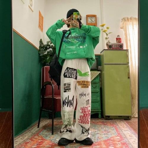 HOUZHOU Hippie Womens Wide Leg Palazzo Pants Streetwear Vintage White Straight Trousers 90s Aesthetic Hip Hop Graffiti Pants