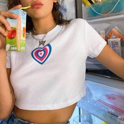 Heart Printed Women Cute High Waist Short Sleeve Crop T-Shirts Ins Tight Exposed Navel Lady Top Female Clothes Vintage Chic Tee