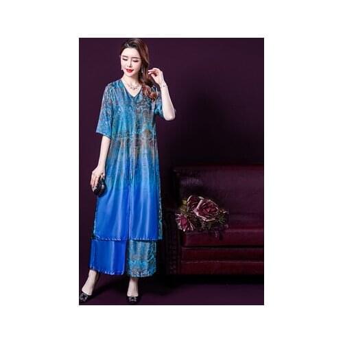 2 Peices Fashion Spring Summer National Style Retro Women Print Neck Large Swing Dress Wide Women Dresses Set Plus Size Dress