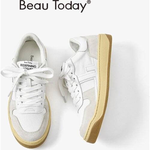BeauToday Casual Sneakers Women Cow Leather Mesh Round Toe Patchwork Mixed Colors Lace-up Trainers Lady Flat Shoes 29223