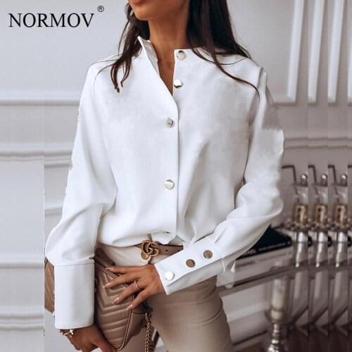 NORMOV Women White Blouse Shirt Women Long Sleeve Buttton Fashion Elegant Blouses 2020 Blouses Solid Spring Tops