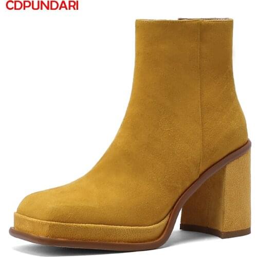 Yellow Black Sheepskin High Heels Platform Ankle Boots Women Autumn Winter Short Boots Party Shoes Bottes Plateforme Femme