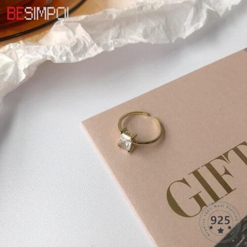 Besimpol Real 925 Sterling Silver Rings Fashion Golden Sugar Cube Adjustable Open Ring For Women Luxury Fine Jewelry Party Gifts