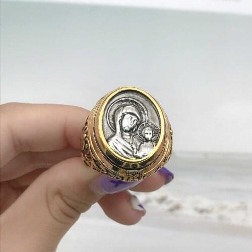 Mothers Love Jewelry Making,Carved Virgin Mary Golden Big Rings Vintage Punk Religious Womens Anniversary Gifts Factory Outlet